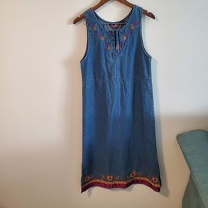 Denim blue embroidered midi dress size petite small floral striped modest